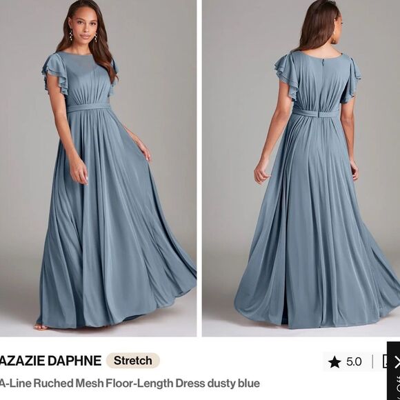 Azazie Blue Dress Maxi Scoop Neck Sheer Flutter Short Sleeve Maxi Dress Wedding - Picture 14 of 17